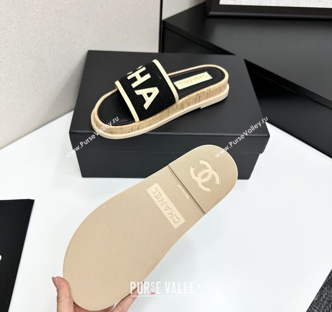 Chanel Tweed Flat Slides Sandal with Letters Black/Yellow 2025 CH030303 (MD-250303012)