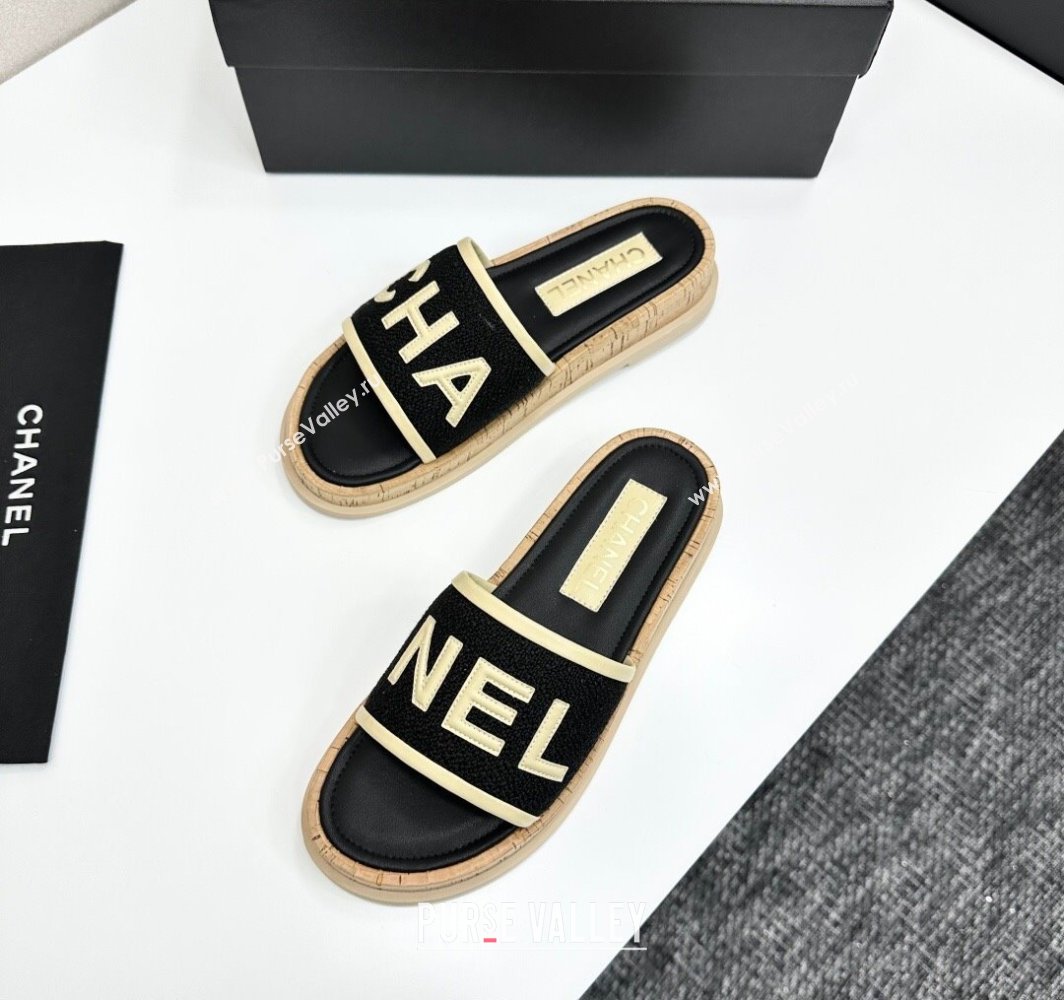 Chanel Tweed Flat Slides Sandal with Letters Black/Yellow 2025 CH030303 (MD-250303012)