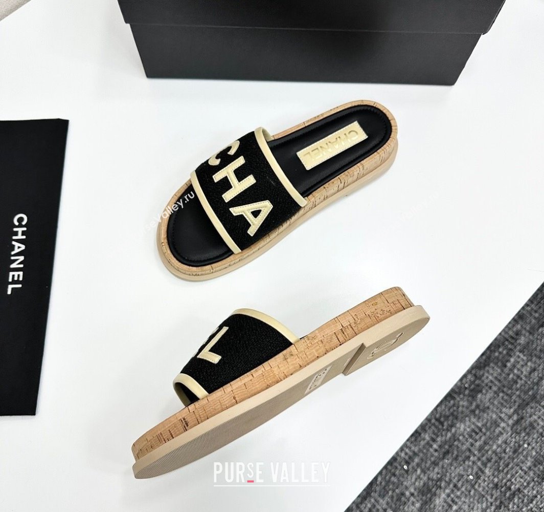 Chanel Tweed Flat Slides Sandal with Letters Black/Yellow 2025 CH030303 (MD-250303012)