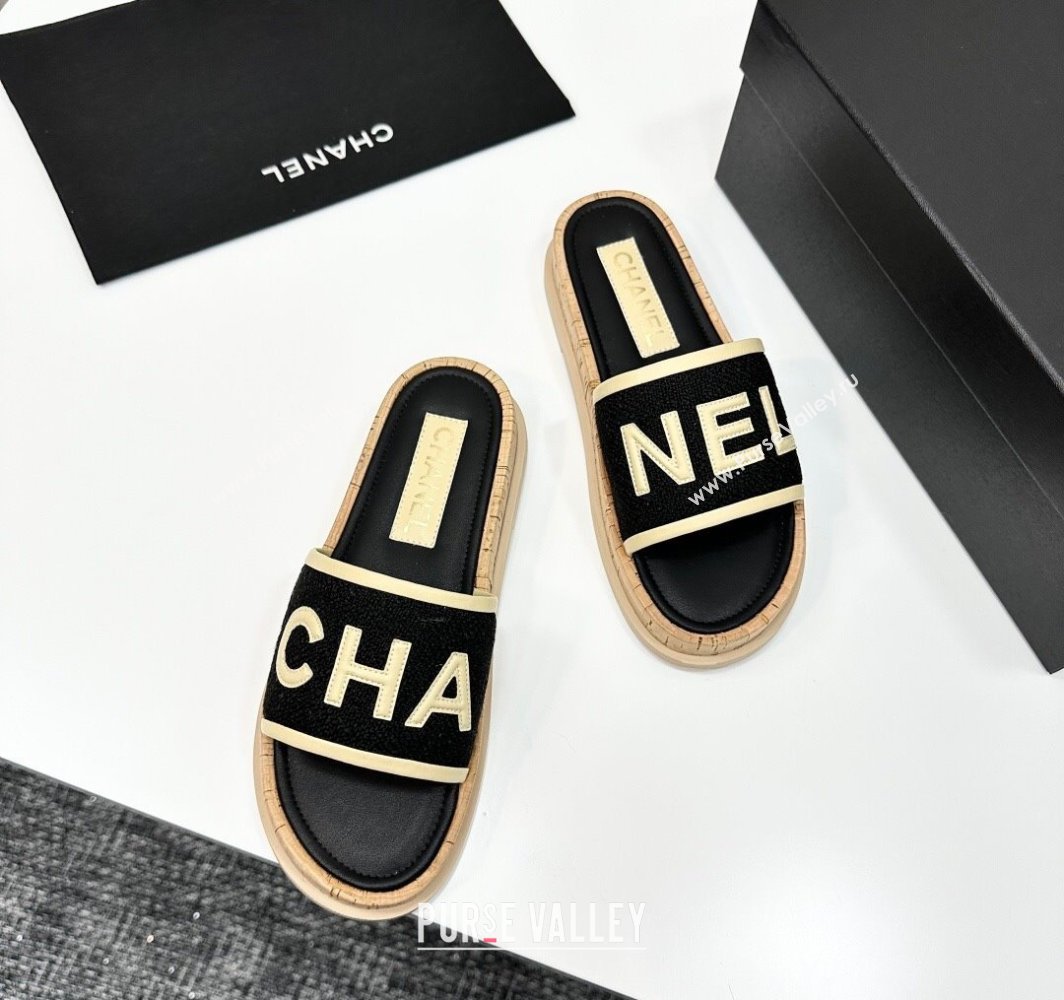 Chanel Tweed Flat Slides Sandal with Letters Black/Yellow 2025 CH030303 (MD-250303012)