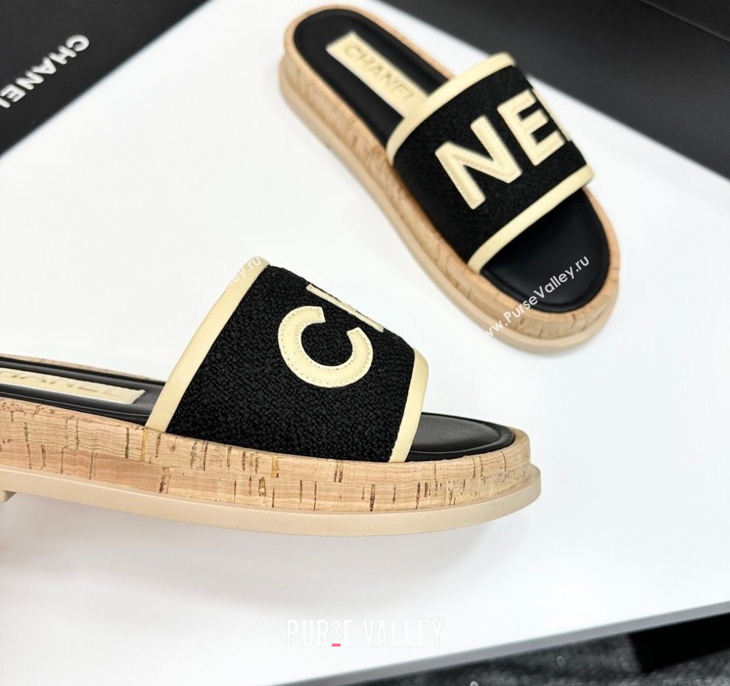 Chanel Tweed Flat Slides Sandal with Letters Black/Yellow 2025 CH030303 (MD-250303012)