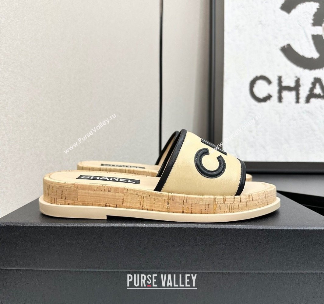 Chanel Calfskin Flat Slides Sandal with Letters Beige 2025 CH030303 (MD-250303013)