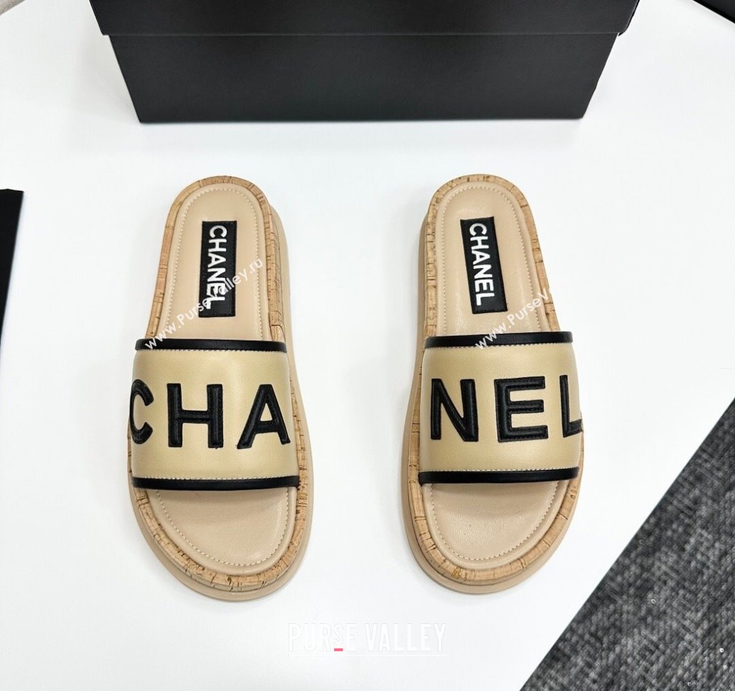 Chanel Calfskin Flat Slides Sandal with Letters Beige 2025 CH030303 (MD-250303013)
