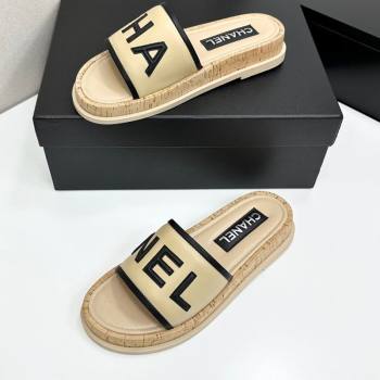 Chanel Calfskin Flat Slides Sandal with Letters Beige 2025 CH030303 (MD-250303013)