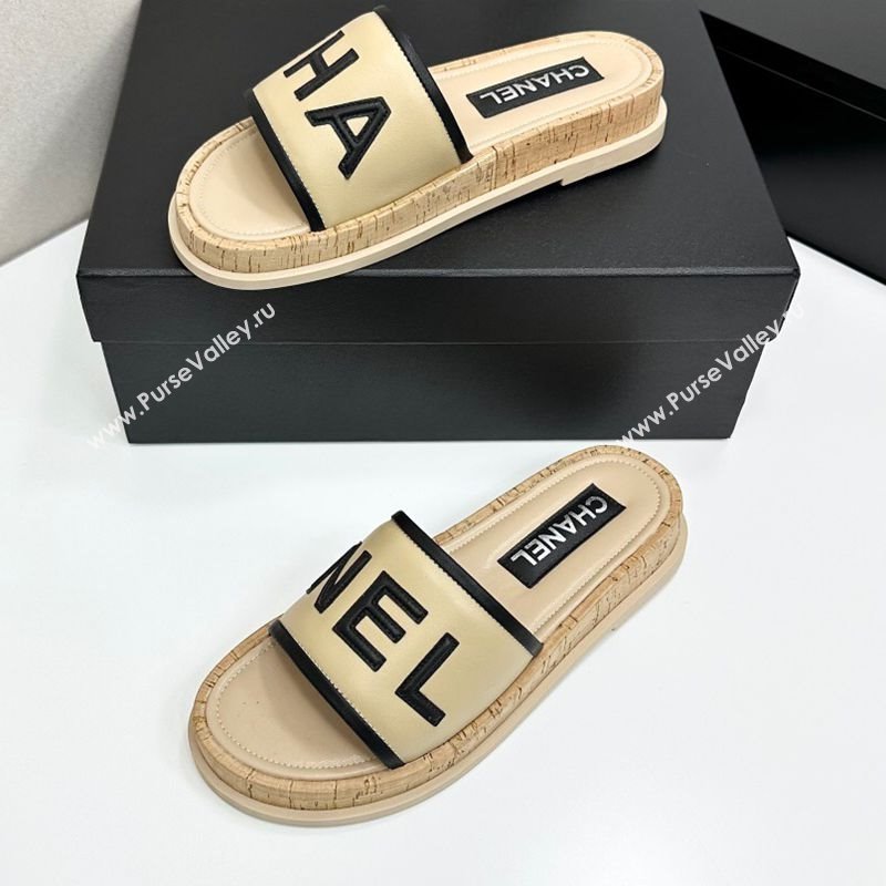 Chanel Calfskin Flat Slides Sandal with Letters Beige 2025 CH030303 (MD-250303013)