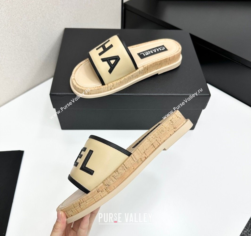 Chanel Calfskin Flat Slides Sandal with Letters Beige 2025 CH030303 (MD-250303013)