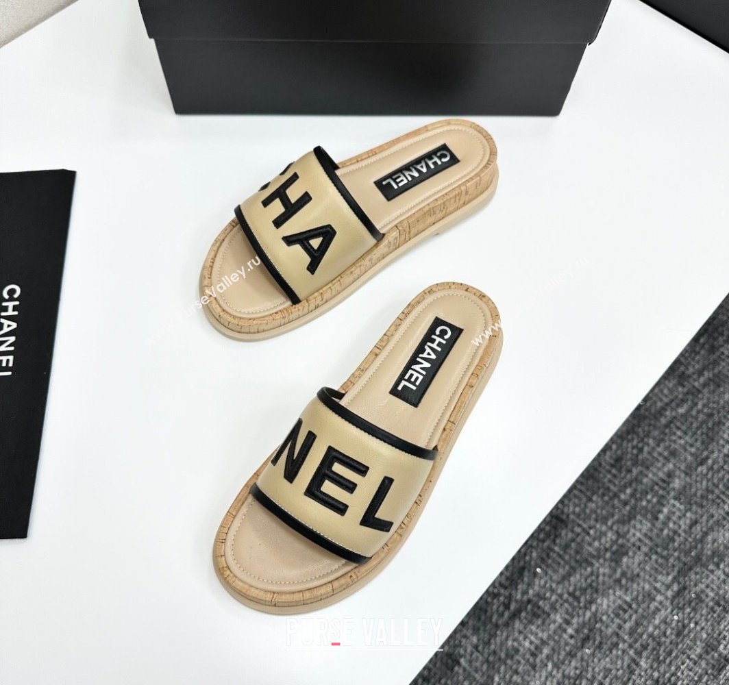 Chanel Calfskin Flat Slides Sandal with Letters Beige 2025 CH030303 (MD-250303013)