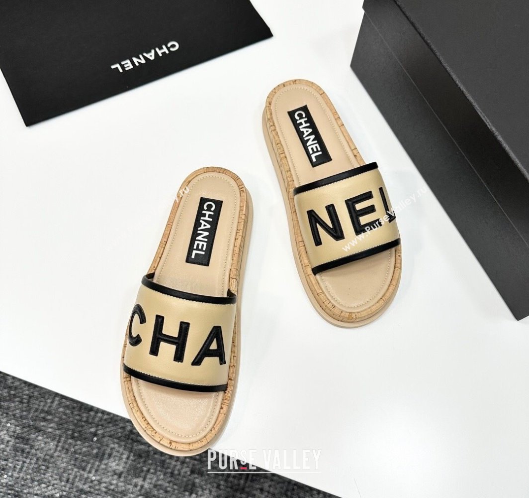 Chanel Calfskin Flat Slides Sandal with Letters Beige 2025 CH030303 (MD-250303013)
