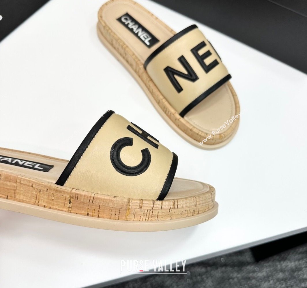 Chanel Calfskin Flat Slides Sandal with Letters Beige 2025 CH030303 (MD-250303013)