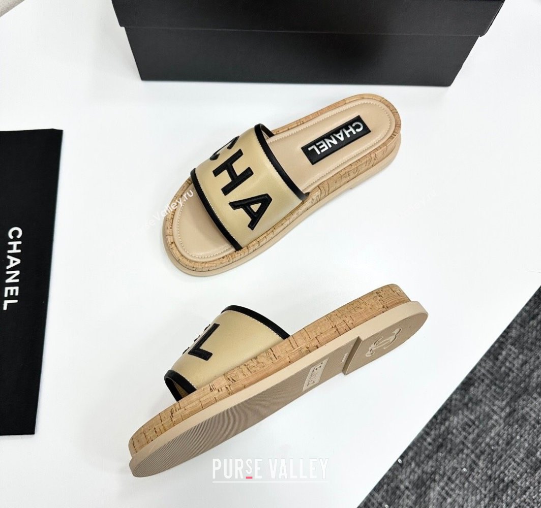 Chanel Calfskin Flat Slides Sandal with Letters Beige 2025 CH030303 (MD-250303013)