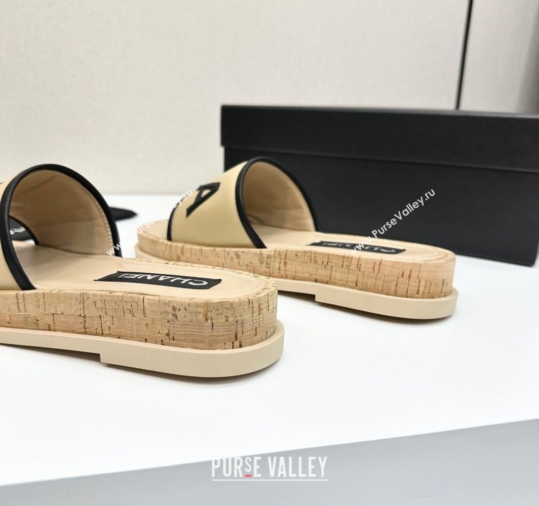 Chanel Calfskin Flat Slides Sandal with Letters Beige 2025 CH030303 (MD-250303013)