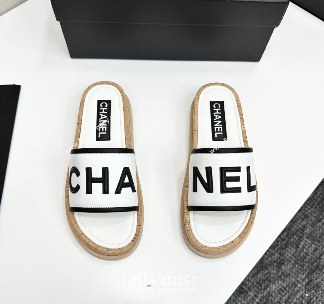 Chanel Calfskin Flat Slides Sandal with Letters White 2025 CH030303 (MD-250303014)