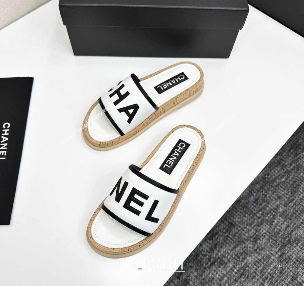 Chanel Calfskin Flat Slides Sandal with Letters White 2025 CH030303 (MD-250303014)