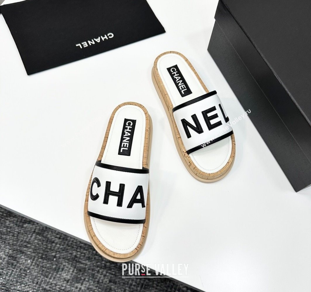 Chanel Calfskin Flat Slides Sandal with Letters White 2025 CH030303 (MD-250303014)