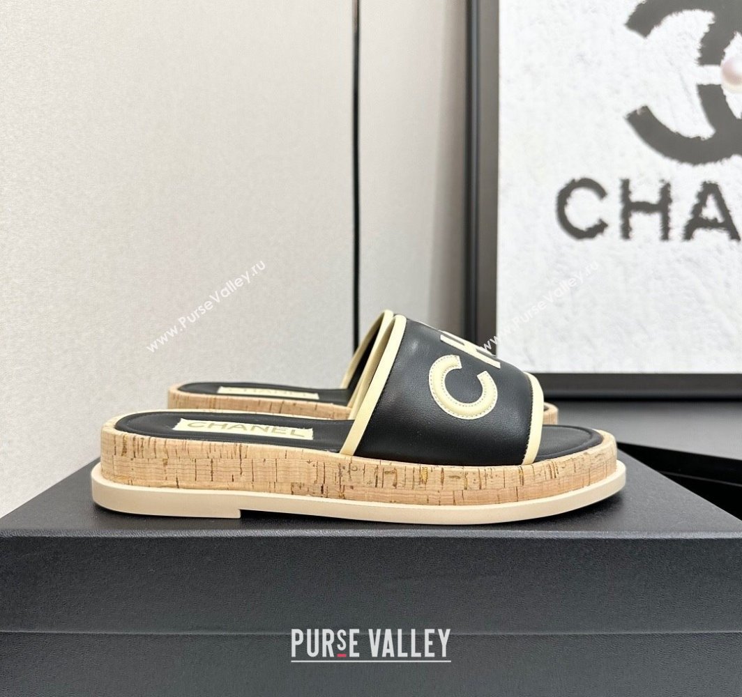 Chanel Calfskin Flat Slides Sandal with Letters Black 2025 CH030303 (MD-250303015)