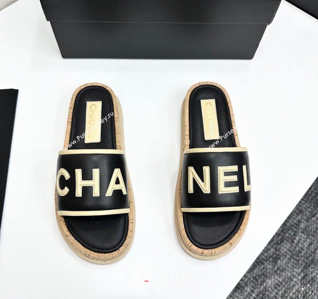 Chanel Calfskin Flat Slides Sandal with Letters Black 2025 CH030303 (MD-250303015)