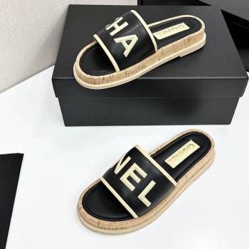 Chanel Calfskin Flat Slides Sandal with Letters Black 2025 CH030303 (MD-250303015)