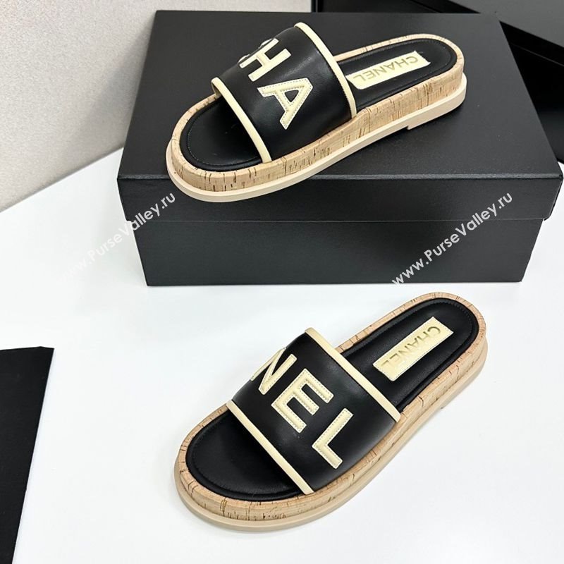 Chanel Calfskin Flat Slides Sandal with Letters Black 2025 CH030303 (MD-250303015)