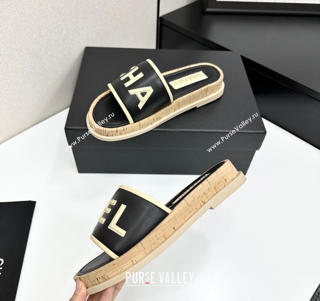 Chanel Calfskin Flat Slides Sandal with Letters Black 2025 CH030303 (MD-250303015)