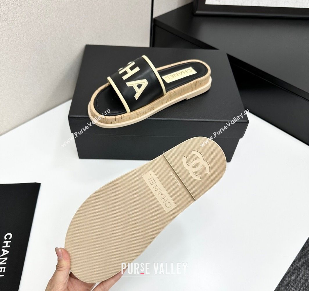 Chanel Calfskin Flat Slides Sandal with Letters Black 2025 CH030303 (MD-250303015)