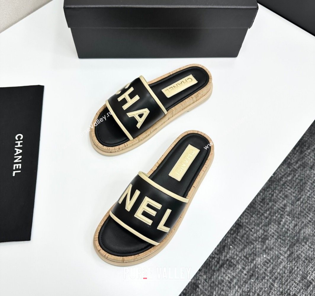 Chanel Calfskin Flat Slides Sandal with Letters Black 2025 CH030303 (MD-250303015)