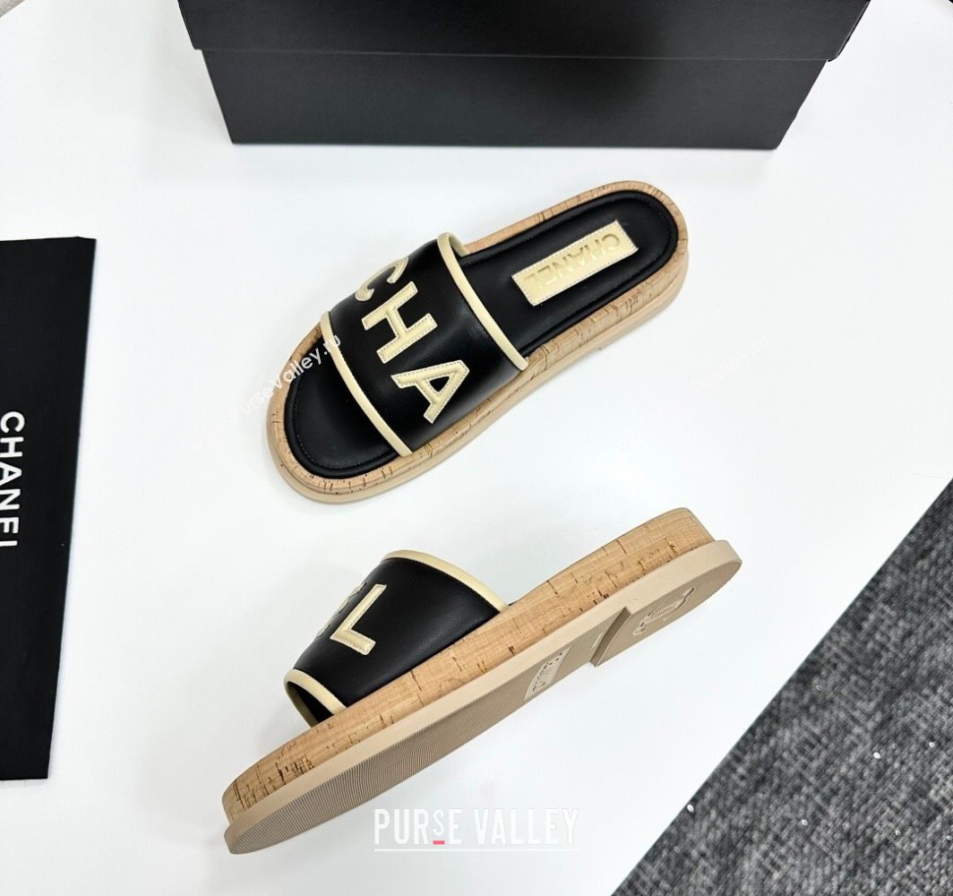 Chanel Calfskin Flat Slides Sandal with Letters Black 2025 CH030303 (MD-250303015)