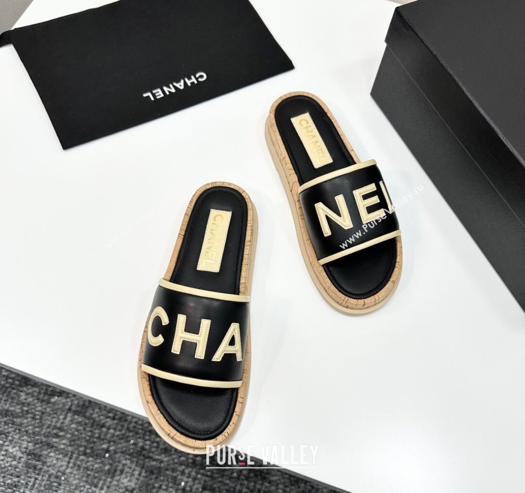 Chanel Calfskin Flat Slides Sandal with Letters Black 2025 CH030303 (MD-250303015)