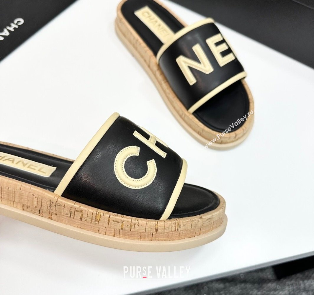 Chanel Calfskin Flat Slides Sandal with Letters Black 2025 CH030303 (MD-250303015)