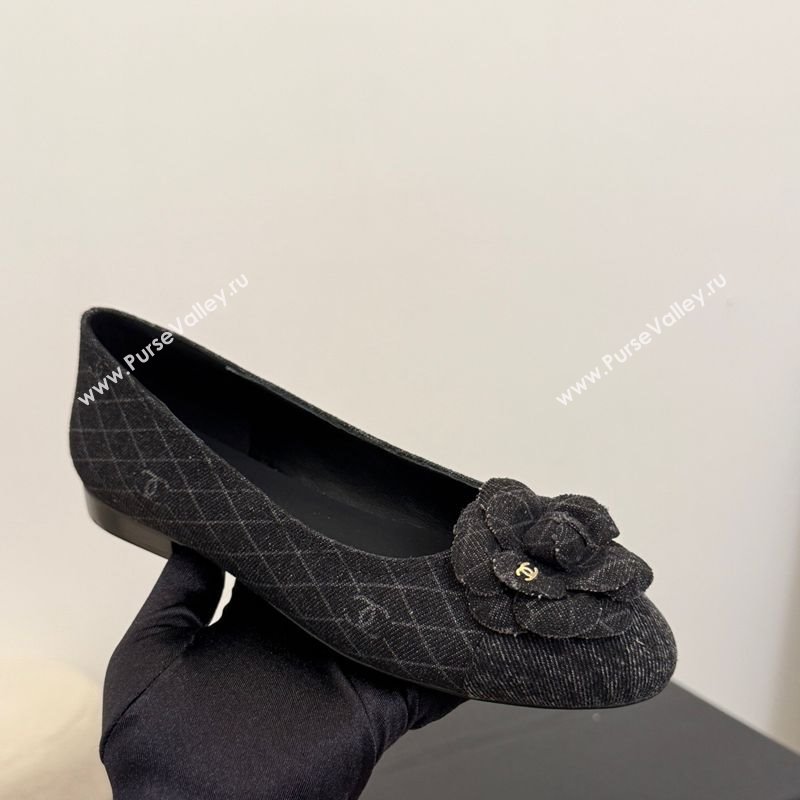 Chanel Quilted Denim Ballet Flats with Camellia Bloom Charm Black 2025 CH101716 (MD-250415144)