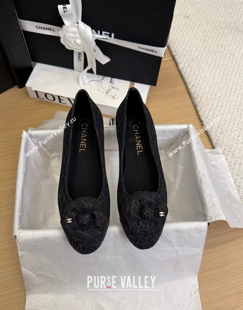 Chanel Quilted Denim Ballet Flats with Camellia Bloom Charm Black 2025 CH101716 (MD-250415144)