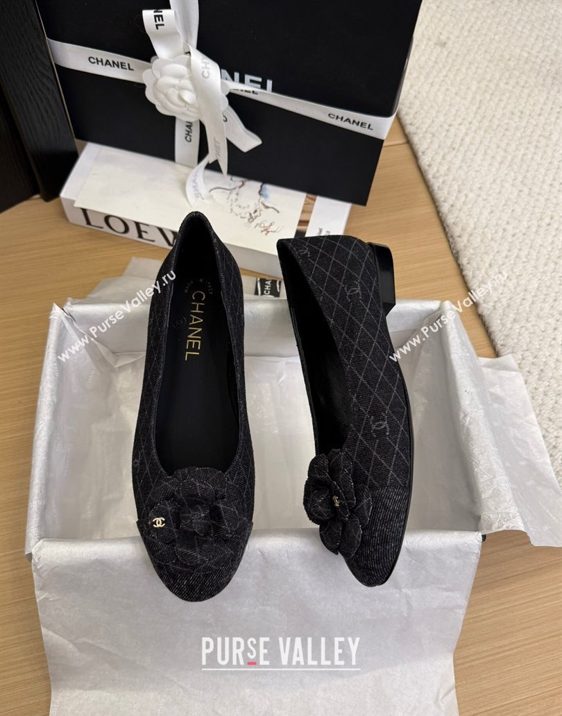 Chanel Quilted Denim Ballet Flats with Camellia Bloom Charm Black 2025 CH101716 (MD-250415144)