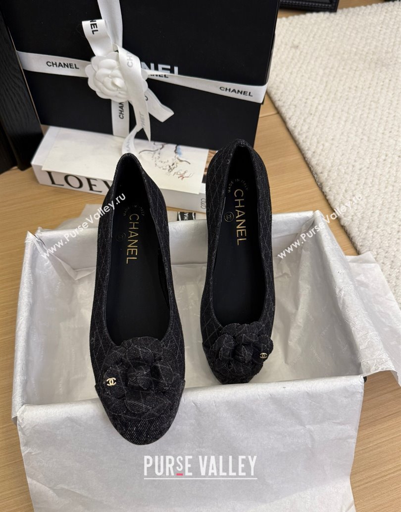 Chanel Quilted Denim Ballet Flats with Camellia Bloom Charm Black 2025 CH101716 (MD-250415144)