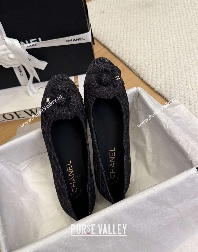 Chanel Quilted Denim Ballet Flats with Camellia Bloom Charm Black 2025 CH101716 (MD-250415144)