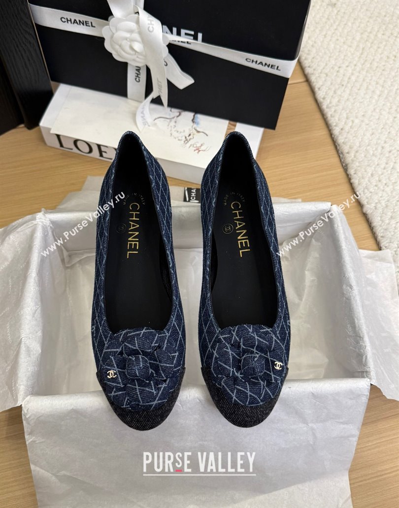 Chanel Quilted Denim Ballet Flats with Camellia Bloom Charm Dark Blue 2025 CH101716 (MD-250415145)