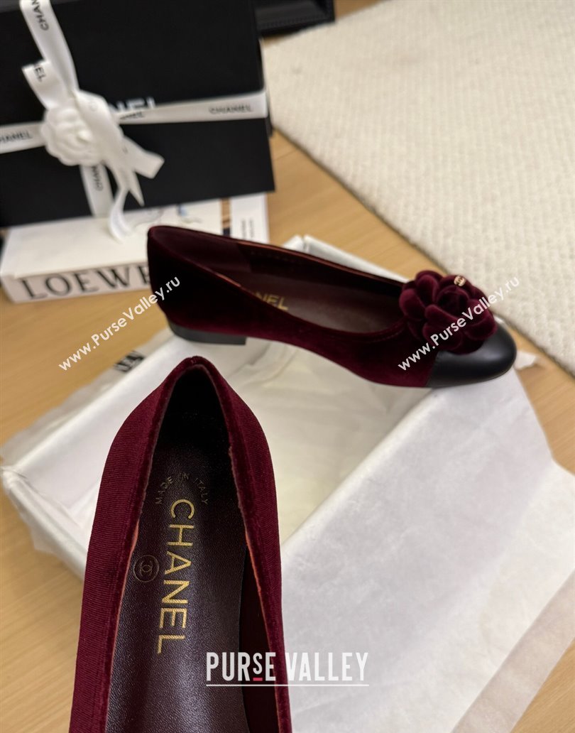 Chanel Velvet Ballet Flats with Camellia Bloom Charm Burgundy 2025 CH101716 (MD-250415146)