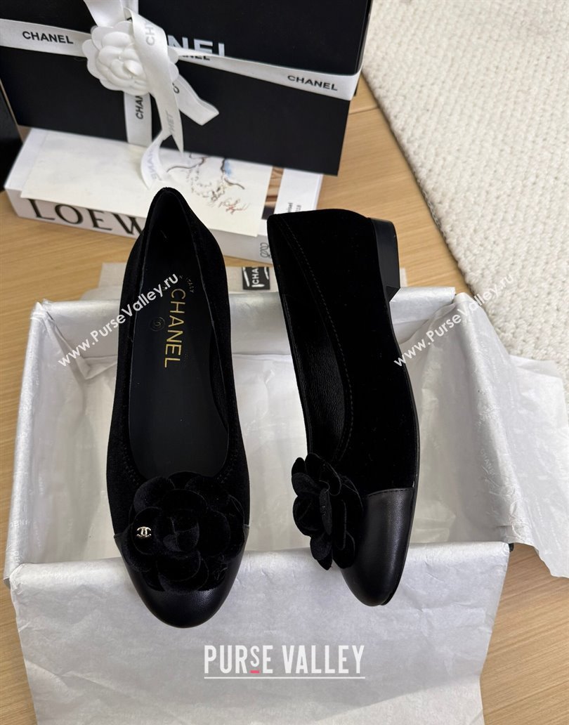 Chanel Velvet Ballet Flats with Camellia Bloom Charm Black 2025 CH101716 (MD-250415147)