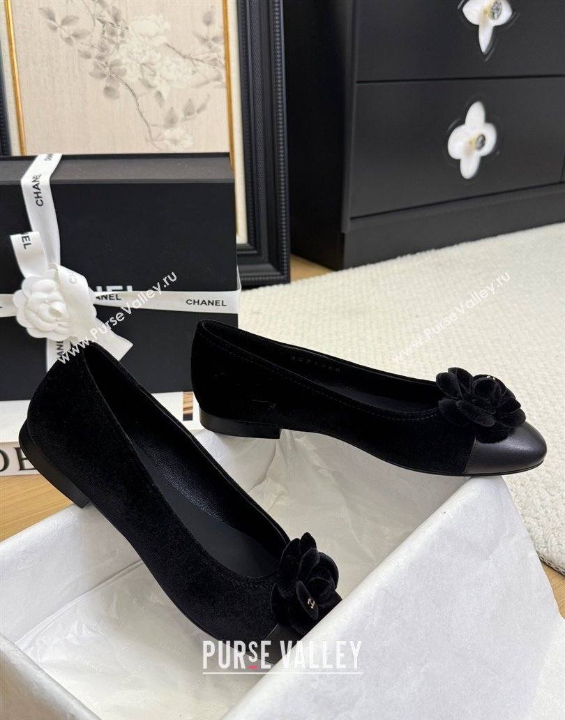 Chanel Velvet Ballet Flats with Camellia Bloom Charm Black 2025 CH101716 (MD-250415147)