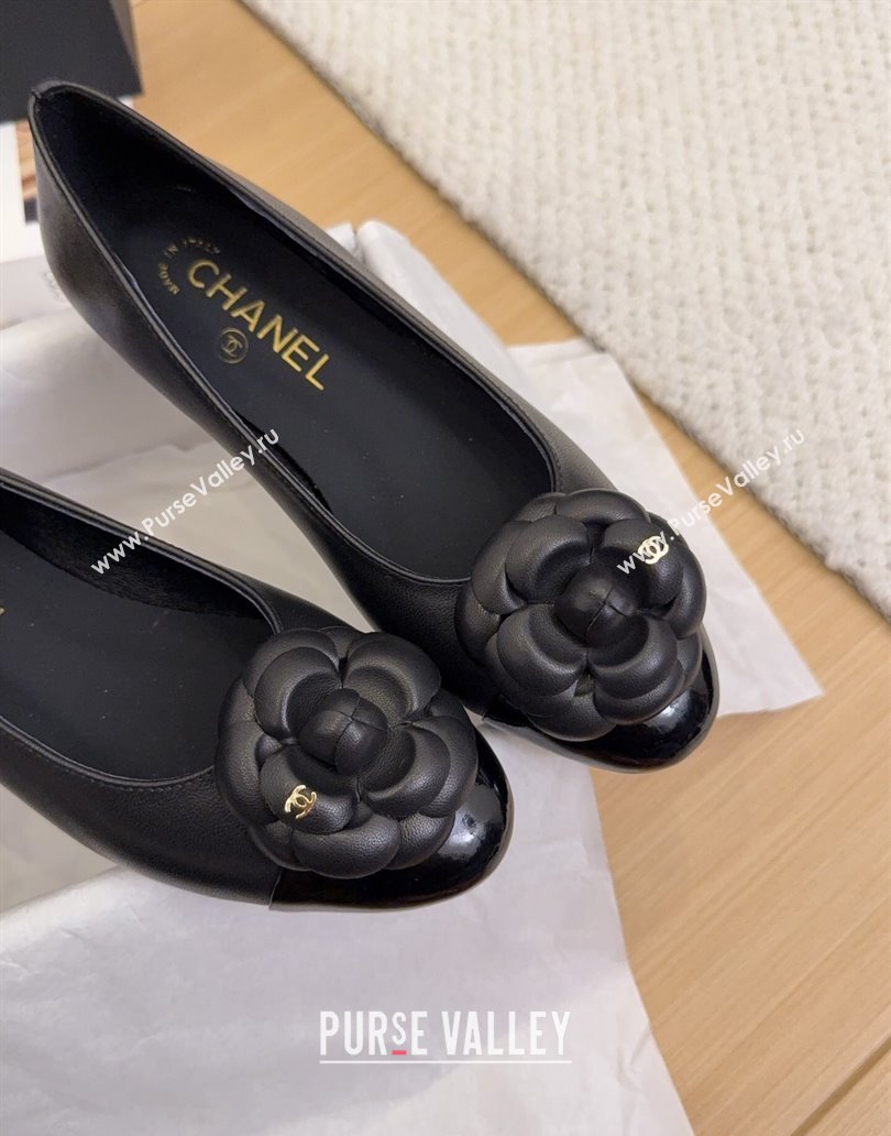 Chanel Lambskin Patent Calfskin Ballet Flats with Camellia Bloom Charm Black 2025 CH101716 (MD-250415149)