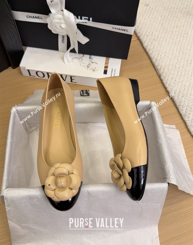 Chanel Lambskin Patent Calfskin Ballet Flats with Camellia Bloom Charm Apricot 2025 CH101716 (MD-250415150)