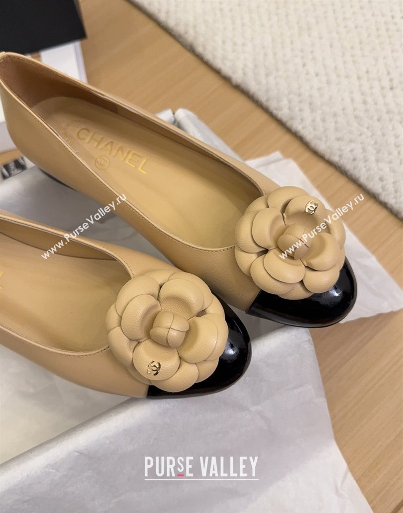 Chanel Lambskin Patent Calfskin Ballet Flats with Camellia Bloom Charm Apricot 2025 CH101716 (MD-250415150)