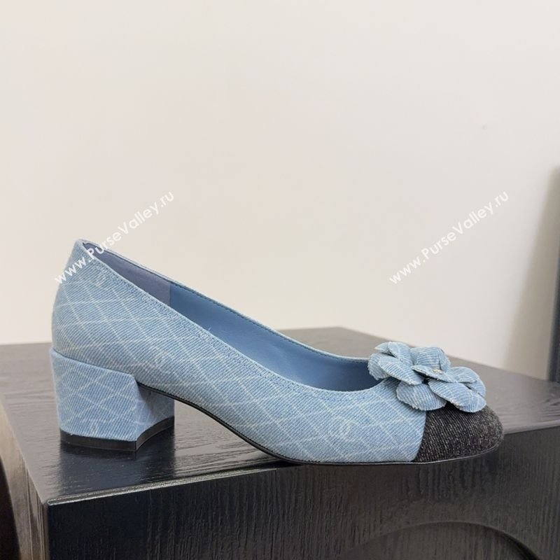 Chanel Quilted Denim Pumps with Camellia Bloom Charm Light Blue 2025 CH101716 (MD-250415156)