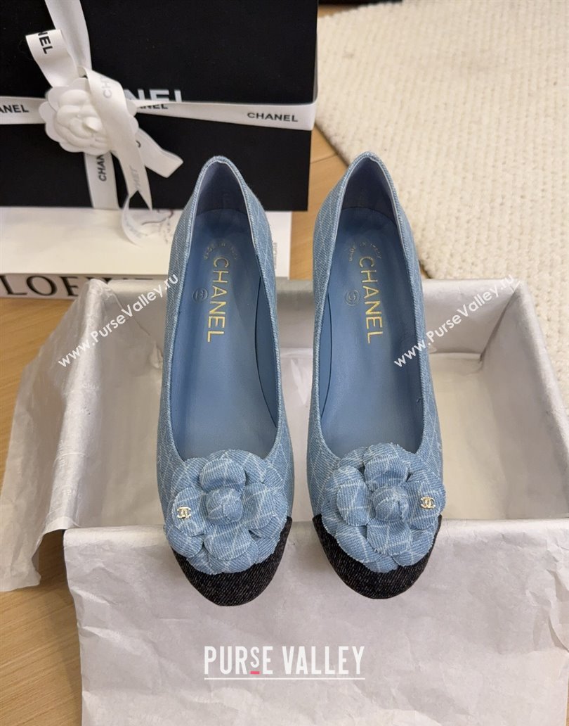 Chanel Quilted Denim Pumps with Camellia Bloom Charm Light Blue 2025 CH101716 (MD-250415156)