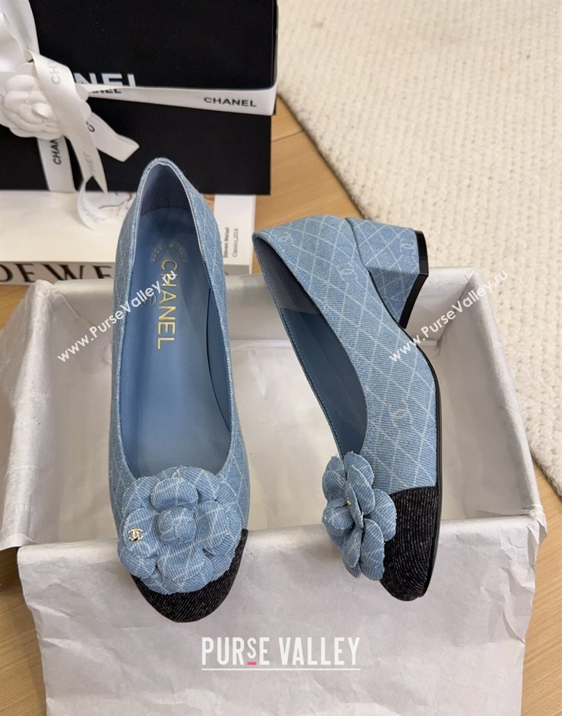 Chanel Quilted Denim Pumps with Camellia Bloom Charm Light Blue 2025 CH101716 (MD-250415156)