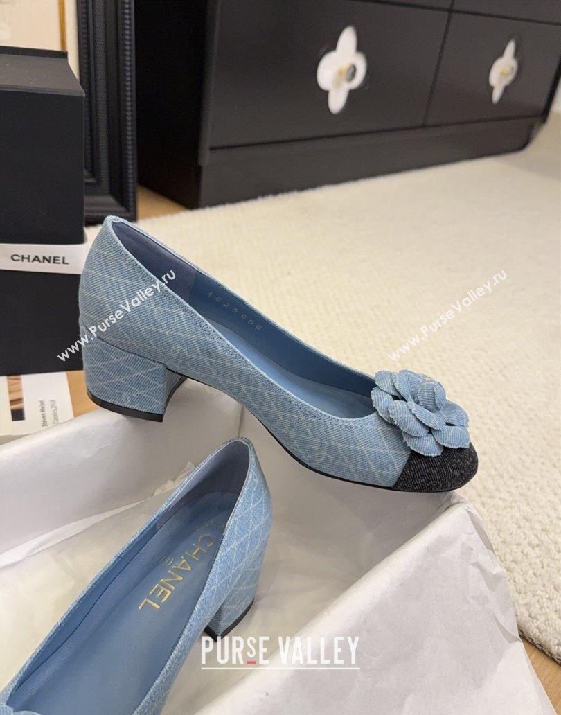 Chanel Quilted Denim Pumps with Camellia Bloom Charm Light Blue 2025 CH101716 (MD-250415156)
