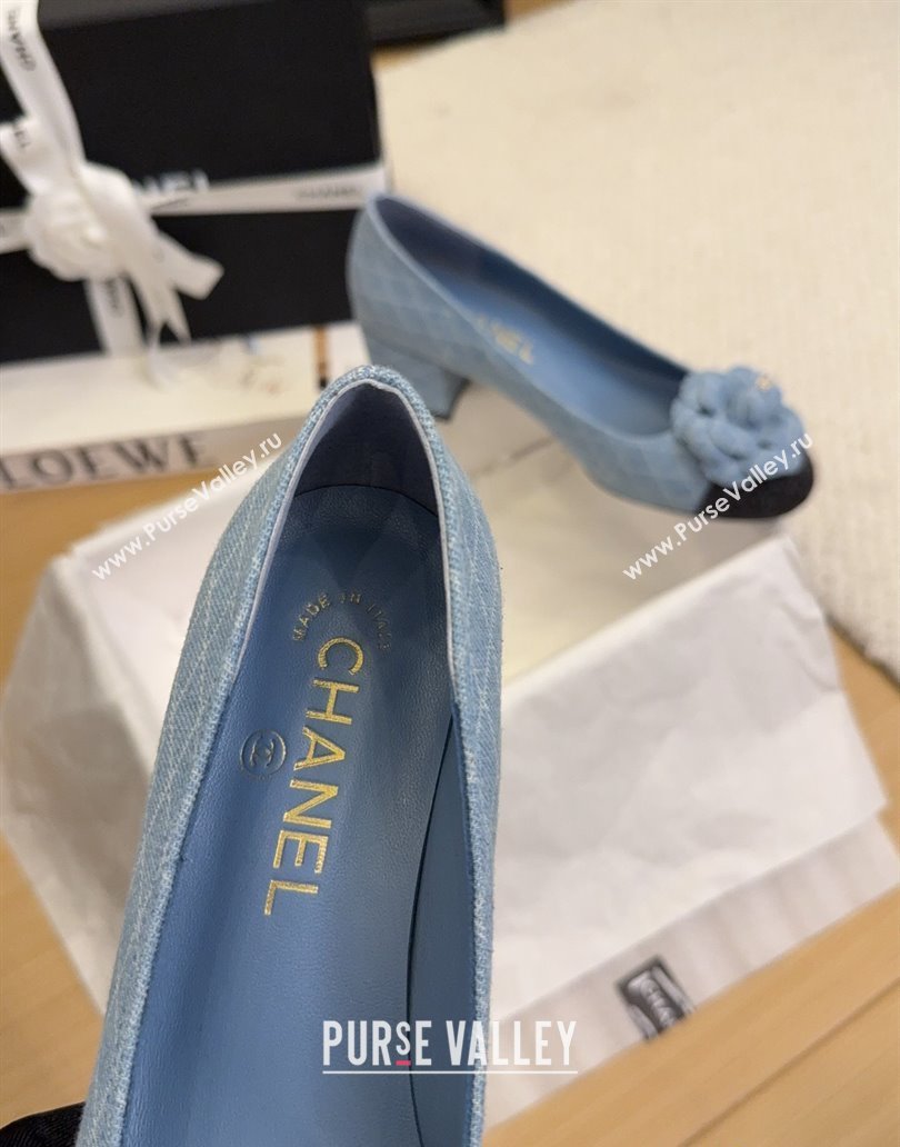 Chanel Quilted Denim Pumps with Camellia Bloom Charm Light Blue 2025 CH101716 (MD-250415156)