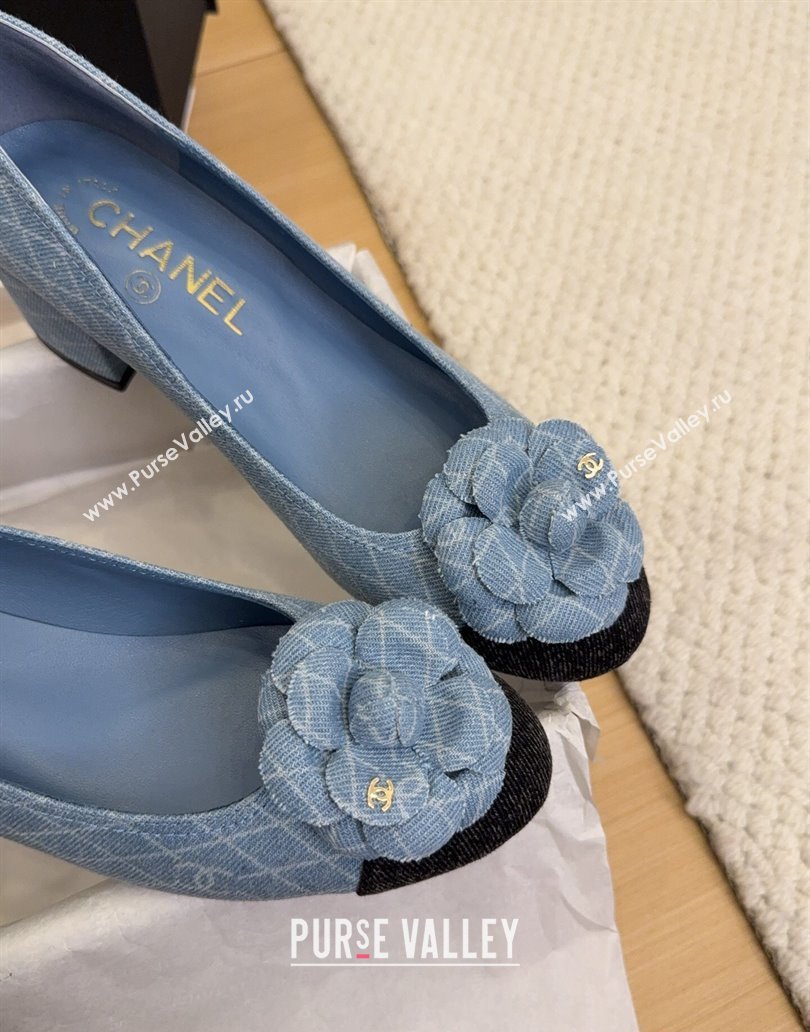 Chanel Quilted Denim Pumps with Camellia Bloom Charm Light Blue 2025 CH101716 (MD-250415156)