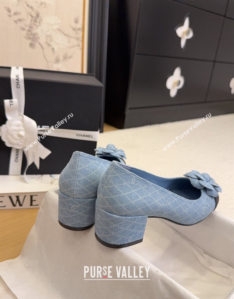 Chanel Quilted Denim Pumps with Camellia Bloom Charm Light Blue 2025 CH101716 (MD-250415156)
