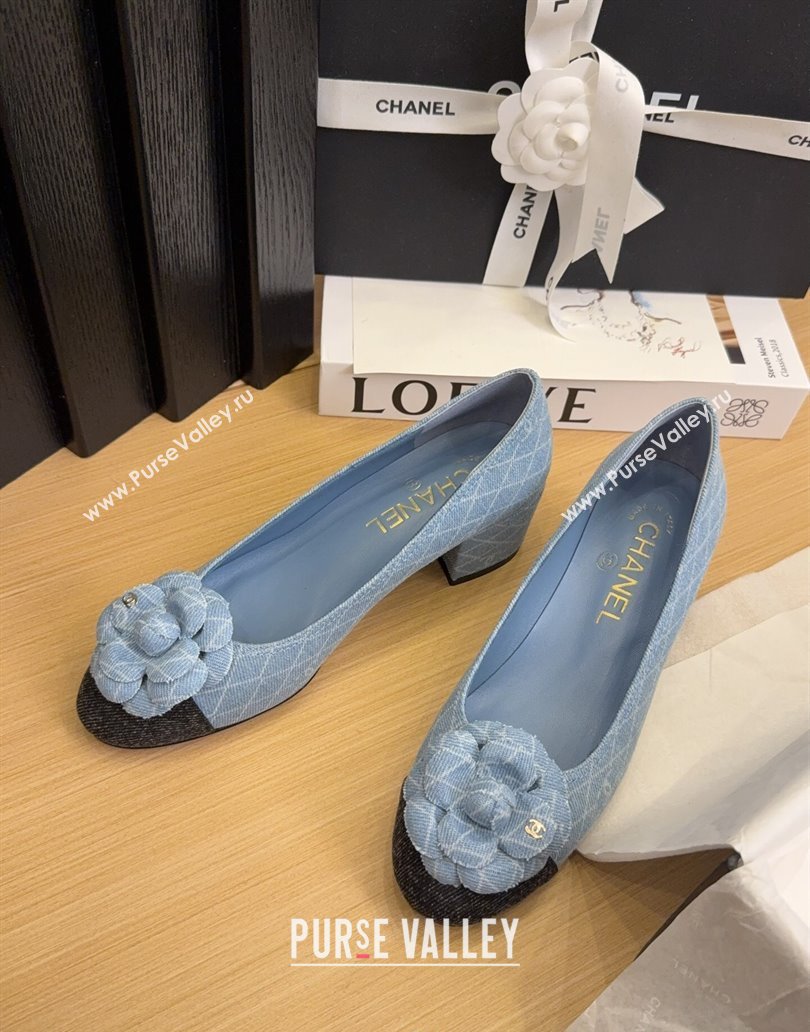 Chanel Quilted Denim Pumps with Camellia Bloom Charm Light Blue 2025 CH101716 (MD-250415156)