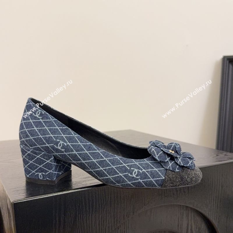 Chanel Quilted Denim Pumps with Camellia Bloom Charm Dark Blue 2025 CH101716 (MD-250415157)