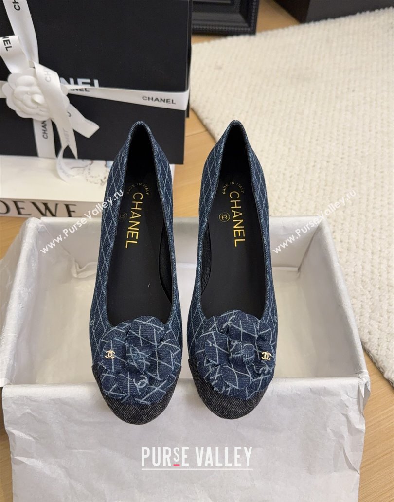 Chanel Quilted Denim Pumps with Camellia Bloom Charm Dark Blue 2025 CH101716 (MD-250415157)